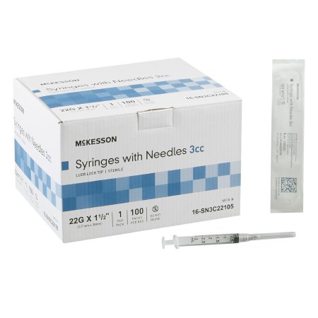 Standard Hypodermic Syringe with Needle McKesson 3 mL 1-1/2 Inch 22 Gauge NonSafety Thin Wall