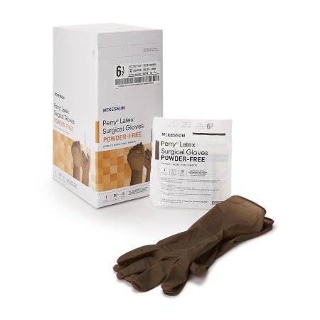 Surgical Glove McKesson Perry® Size 6.5 Sterile Latex Standard Cuff Length Smooth Brown Not Chemo Approved