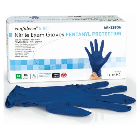 Exam Glove McKesson Confiderm® 6.8C Medium NonSterile Nitrile Standard Cuff Length Textured Fingertips Blue Chemo Tested / Fentanyl Tested