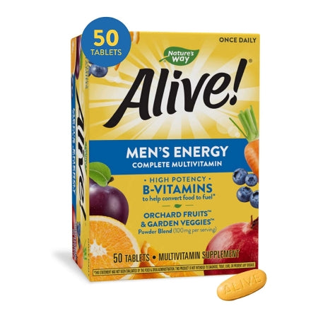 Multivitamin Supplement Alive!® Men’s Energy Vitamin A / Vitamin C 900 mcg / 180 mg Strength Tablet 50 per Box