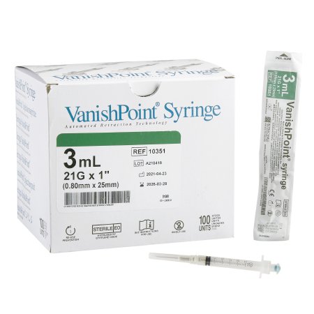 Safety Hypodermic Syringe with Needle VanishPoint® 3 mL 1 Inch 21 Gauge Retractable Safety Needle Regular Wall