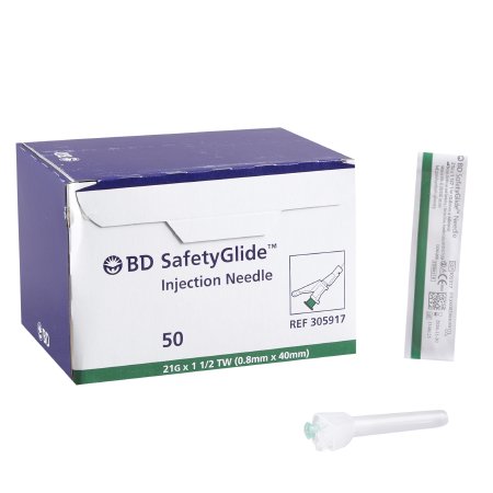 Safety Hypodermic Needle SafetyGlide™ 1-1/2 Inch Length 21 Gauge Regular Wall Sliding Safety Needle