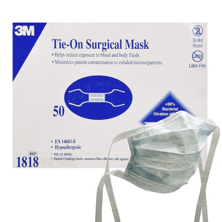 Surgical Mask 3M™ Pleated Tie Closure One Size Fits Most White NonSterile Not Rated Adult