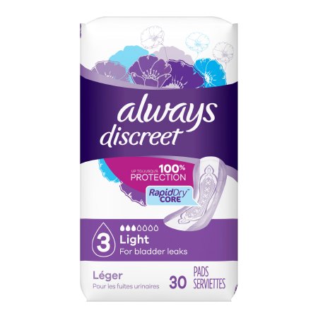 Bladder Control Pad Always® Discreet 9.4 Inch Length Light Absorbency Superabsorbant Core Size 3