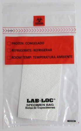 Specimen Transport Bag with Document Pouch and Absorbent Pad Lab-Loc® 6 X 9 Inch Zip Closure Biohazard Symbol / Storage Instructions NonSterile